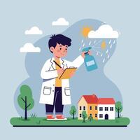 Young scientist in lab coat performing weather experiment with spray bottle outdoors flat colorful minimal illustration art vector