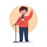 Young boy in red sweater confidently speaking into microphone, minimal flat design art featuring expressive pose and cheerful atmosphere on stage vector