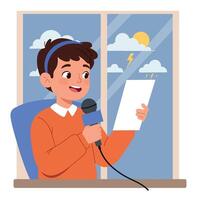 Young boy in orange sweater reading weather report on microphone with cheerful expression flat minimal illustration vector