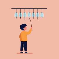 Young boy in yellow sweater playing musical chimes with a stick, minimal flat design, cheerful indoor scene illustration vector