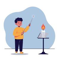 Young boy lighting a candle using a stick in flat minimal art style, indoor setting, demonstrating curiosity and careful concentration, calm and focused mood illustration vector