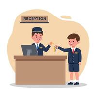 Hotel reception staff in navy uniforms exchanging keys at front desk, cheerful flat minimal art showing hospitality service scene with friendly mood vector