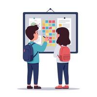 Two school children with backpacks collaborating at a bulletin board in flat minimal art classroom scene with colorful sticky notes and academic documents vector