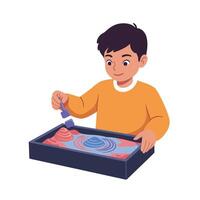 Young boy creating colorful sand patterns with tool in flat minimal style educational activity illustration vector