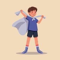 Young boy pretending to be superhero with makeshift cape in playful flat minimal art illustration with cheerful and imaginative atmosphere vector