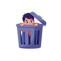 Young boy with dark hair peeking from inside open trash bin in playful minimal flat style art vector