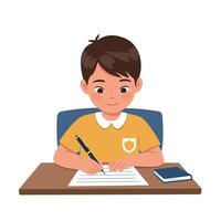Young boy in yellow shirt writing at desk with notebook in flat minimal art style, focused on studying with calm and peaceful mood illustration vector