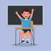 Smiling school boy with raised hands sitting at desk in classroom with chalkboard flat minimal illustration vector