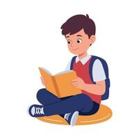 Young boy with backpack reading book on floor in flat minimal style illustration showing focus and learning in a calm atmosphere vector