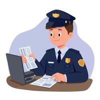 Police officer in uniform reviewing documents at desk with laptop in flat colorful minimal art style illustration vector