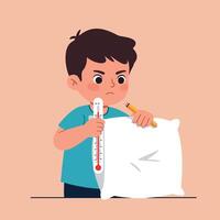 Young boy checking temperature with thermometer and holding pillow in flat minimal art illustration with worried facial expression and calm indoor atmosphere vector