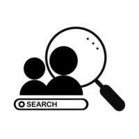 User Search Icon with Magnifying Glass and Profile Silhouettes, Black and White Minimalist Interface Symbol vector