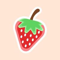Cute Strawberry Sticker with Flat Cartoon Style, Bright Red Fruit Icon with Green Leaf and White Border on Soft Peach Background vector