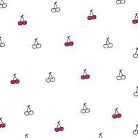 Seamless cherry fruit pattern with cute red and white outlined cherries on white background, simple hand-drawn cartoon style perfect for fabric, kids design, and wrapping paper vector