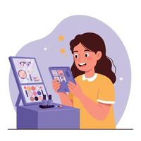 Young woman shopping for cosmetics using tablet with makeup kit on table in colorful flat minimal art vector