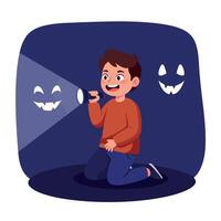 Young boy kneeling in dark room with playful expression shining flashlight creating monster shadows flat minimal illustration art vector