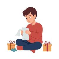 Young boy in red sweater joyfully opening presents flat minimal design art with cheerful indoor celebration and unwrapping activity festive mood vector