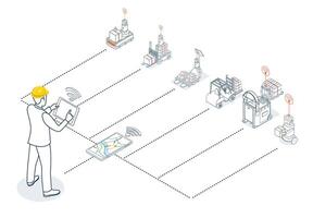 The warehouse worker manages Automated Guided Vehicles AGVs and Autonomous Mobile Robots AMRs within the warehouse facility using a tablet and wifi device. vector