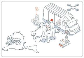 Isometric illustration of a global delivery shipping service provides smart logistics for export, import, and local distribution, delivering online orders from couriers directly to homes worldwide. vector