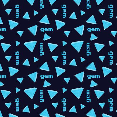 Pattern with game gems and crystals, pixel letters word GEM. Dark background, game world.