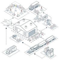 Global logistics network. 3D isometric scenes showing export-import operations via air, road, rail. Technological shipment innovation concept vector