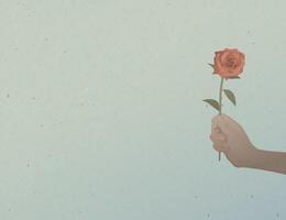 Old photograph fade condition of hand holding red rose flower with stained effect graphic illustration have blank space. vector
