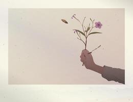 Old instant photograph film fade condition of silhouette hand holding minnieroot flower with stained effect graphic illustration have blank space. vector