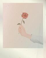 Old vertical instant photograph film fade condition of hand holding red rose flower with stained effect graphic illustration have blank space. vector