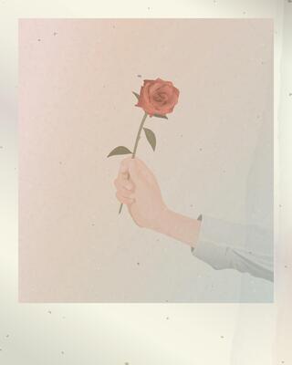 Old vertical instant photograph film fade condition of hand holding red rose flower with stained effect graphic illustration have blank space.