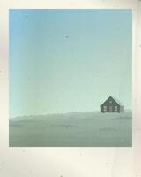 Old photograph paper of minimalist countryside landscape with log cabin in grass field graphic illustration have blank space. vector