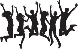 Happy youth jumping together in flat black silhouette design with celebration illustration style vector