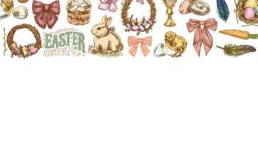 Hand drawn colored vintage Easter decorative frame with rabbit, chick, bow, eggs, willow, wreath, feathers, and decorations vector