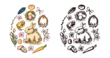 Colorful and black Easter egg in the shape of a rabbit, chicken, bow, willow, feathers, nest, eggs, flowers and carrots in a hand-drawn sketch vector
