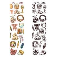 Hand-drawn Easter vertical border with egg, bunny, chick, willow, bow and festive elements vector