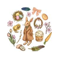 Vintage hand drawn colored Easter composition with bunny, eggs, flowers, and festive elements in sketch style vector