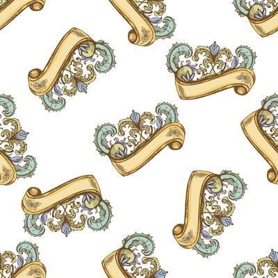 Seamless colored pattern of vintage floral ornament with scroll ribbon banner