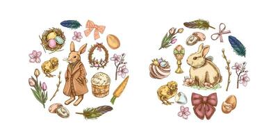 Hand-drawn colored Easter circle compositions with bunnies, eggs, flowers, and festive elements in vintage sketch style vector