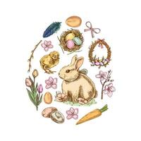 Colored Easter egg shape with rabbit, chick, bow, willow, feathers, nest, eggs, flowers, and carrot in hand-drawn sketch vector