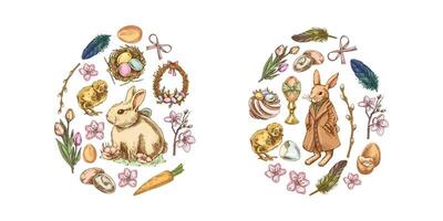 Easter colored vintage elements arranged in egg shape with bunny, chick, egg, bow, willow, and feathers vector