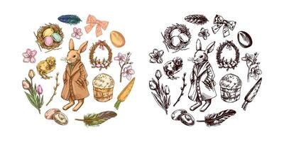 Vintage hand drawn colored and black Easter composition with bunny, eggs, flowers, and festive elements in sketch style vector