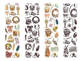 Hand drawn Easter vertical borders with egg, bunny, chick, willow, bow and festive elements vector