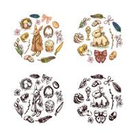 Hand-drawn colored and black Easter circle compositions with bunnies, eggs, flowers, and festive elements in vintage sketch style vector