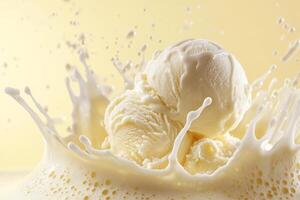 Indulgent splash of vanilla cream with a velvety scoop of vanilla ice cream at the center against a soft background photo