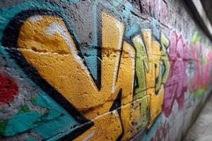 Expressive throw-up graffiti fills an urban alleyway with vibrant colors and bold shapes in a lively street art display photo