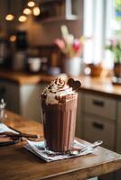 Indulge in a rich chocolate smoothie with whipped cream and cocoa in a cozy kitchen setting filled with warm light photo