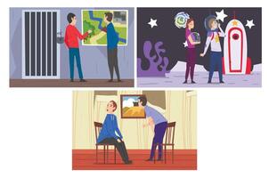 Escape Room Interiors Set, Reality Quest with People Trying to Seek Treasures and Solving Puzzle Illustration vector