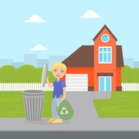 Cute Boy Standing with Trash Bag Near Garbage Container, Boy Throwing Garbage into Trash Bin, Child Doing Household Chores Illustration vector
