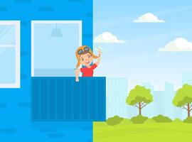 Cute Boy in Retro Leather Helmet Playing with Toy Airplane while Standing on Balcony Illustration vector
