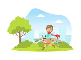 Cute Happy Kid in Retro Leather Flight Helmet Running with Cardboard Airplane, Child Dreaming of Becoming Aviator Illustration vector