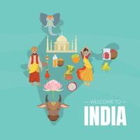 Welcome to India Banner Template with Indian Map and Traditional Cultural Symbols Illustration vector